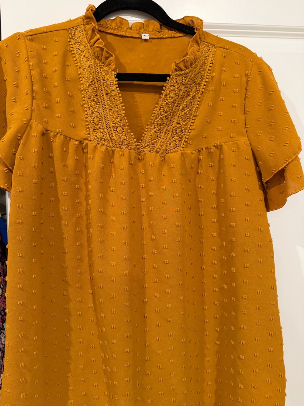 Womens Mustard Yellow Textured V-Neck Top with Crochet Trim